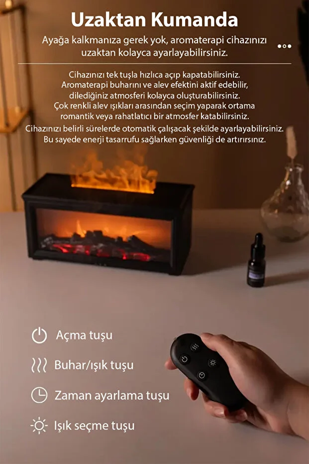 A4 Şömine Esintili Aromaterapi Difüzörü Ultrasonik Hava Nemlendici SİYAH